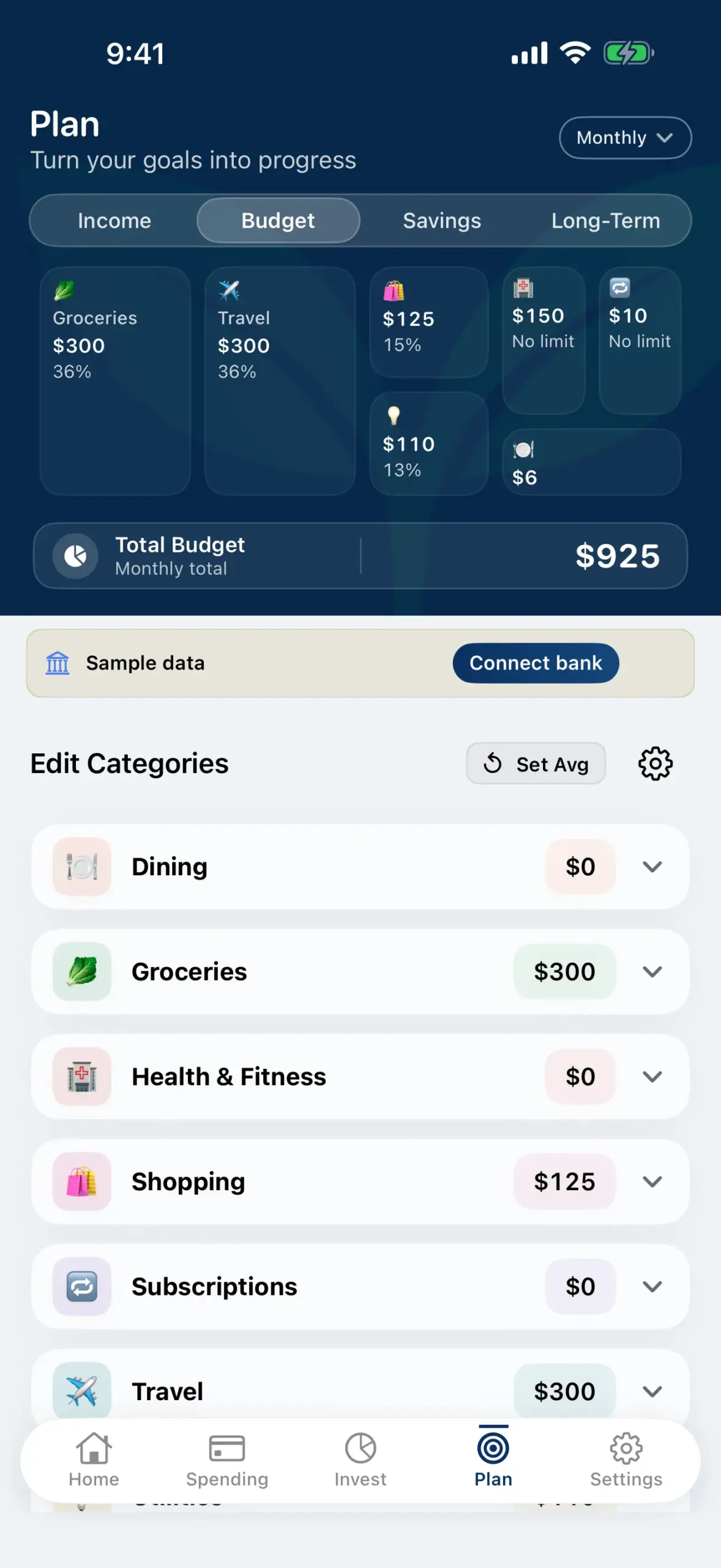Sprout Budget Plan with flexible expense buckets and fictional sample amounts