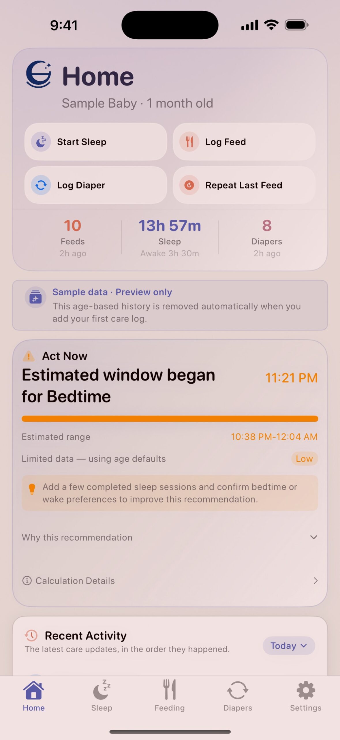 Cradle Home showing clearly labeled sample care records, quick logging, and a sleep recommendation