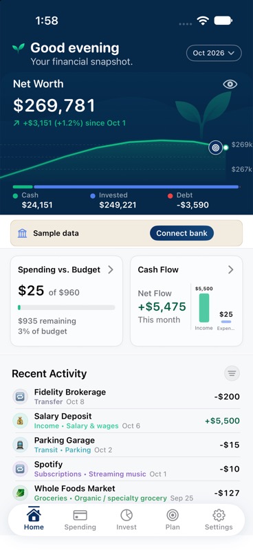 Sprout Home showing net worth, spending against budget, cash flow, and recent activity with fictional sample data